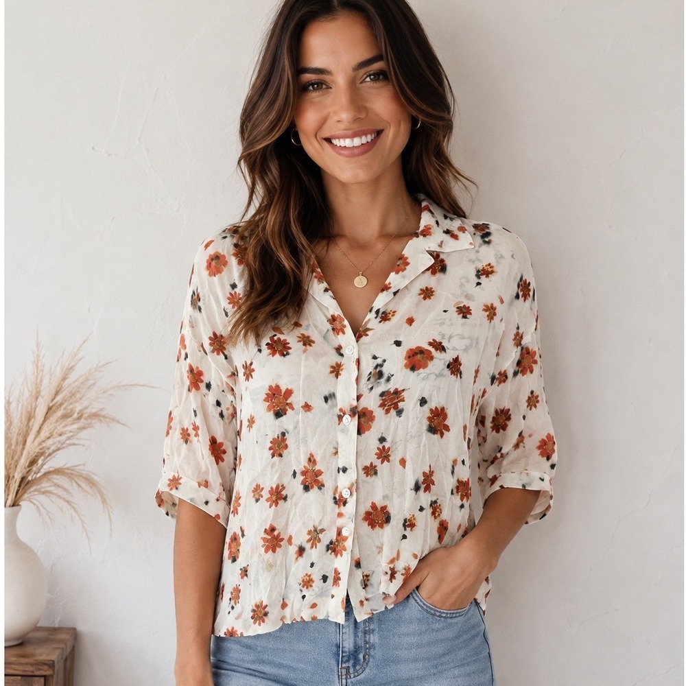 Rag & Bone Floral Viscose Button Down Shirt Cream Orange XXS Boxy Short Sleeve